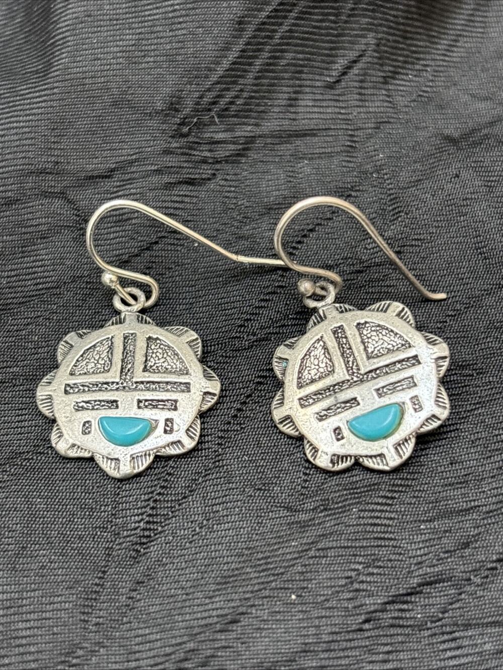 J Ritter Dangle Earrings Southwestern Native American Pewter Faux Turquoise 1.5